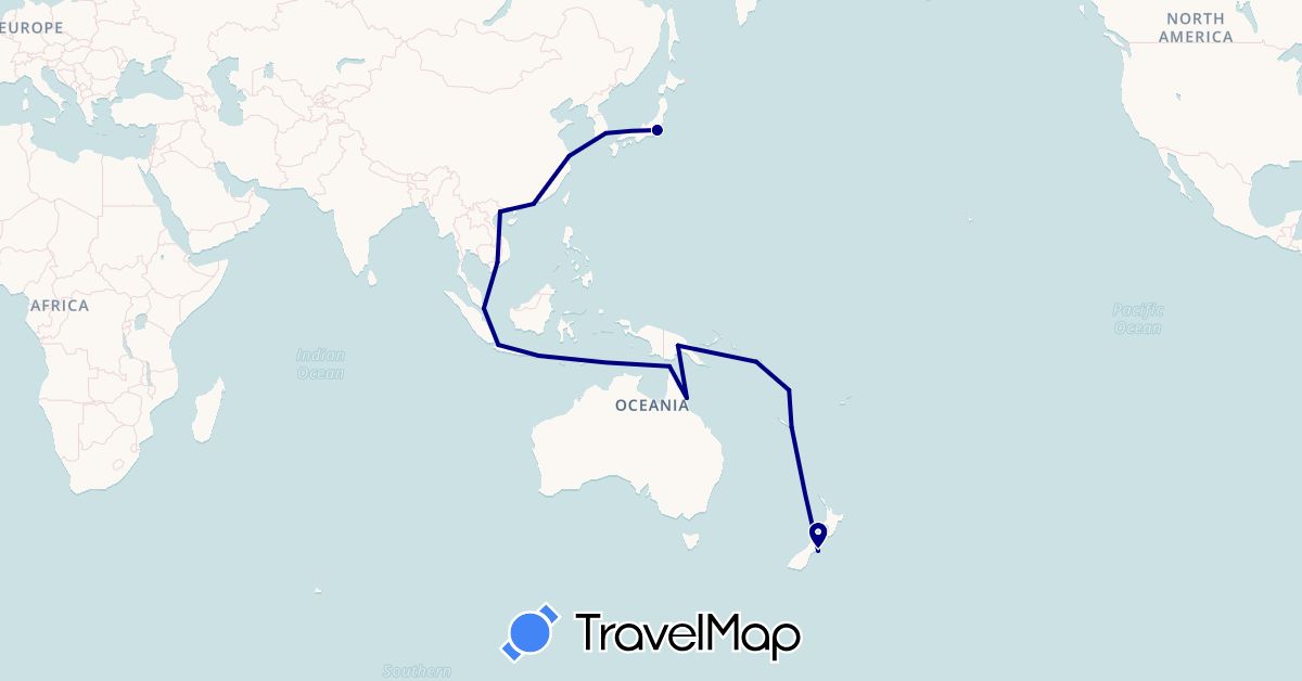 TravelMap itinerary: driving in Australia, China, Hong Kong, Indonesia, Japan, South Korea, New Caledonia, New Zealand, Papua New Guinea, Solomon Islands, Singapore, Vietnam, Vanuatu (Asia, Oceania)
